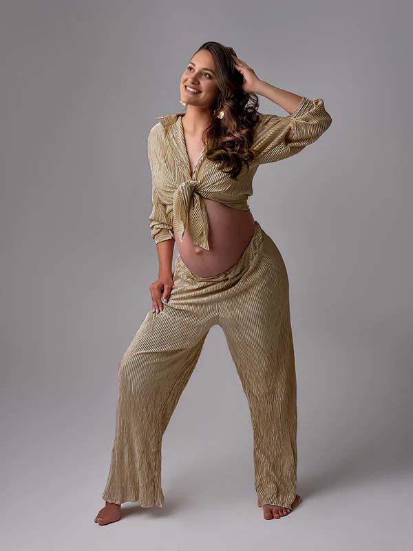 fotobeyou Khaki Buttons Pleat Bell Bottom Jeans Daily Two Piece Going out Maternity Photoshoot Homewear