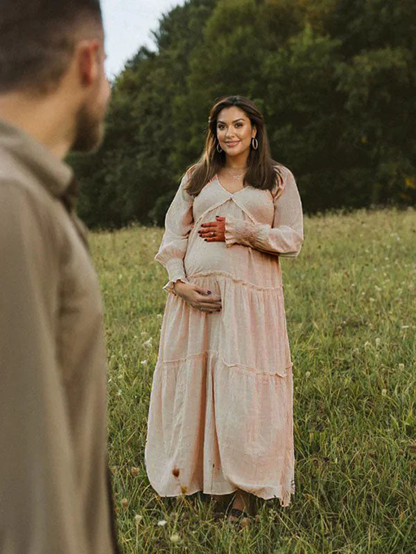 fotobeyou Layered Ruffle Falbala Big Swing Elegant Baby Moon Beach Boho Maternity Photoshoot Baby Shower Maxi Dress