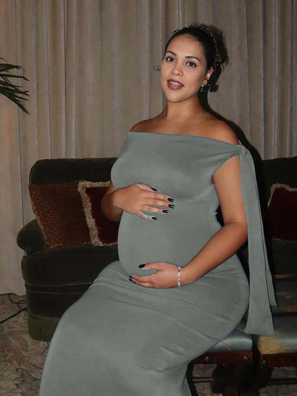 fotobeyou Grey Asymmetric Shoulder Knotted One Shoulder Sleeveless Bodycon Elegant Cocktail Party Maternity Photoshoot Baby Shower Maxi Dress