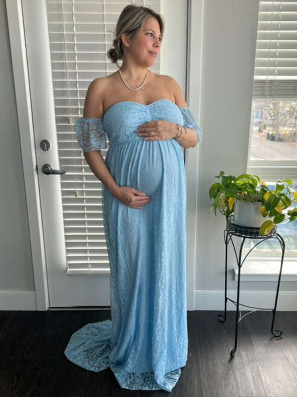 fotobeyou Solid Color Lace Off Shoulder Cap Sleeve Photoshoot Maternity Maxi Dress