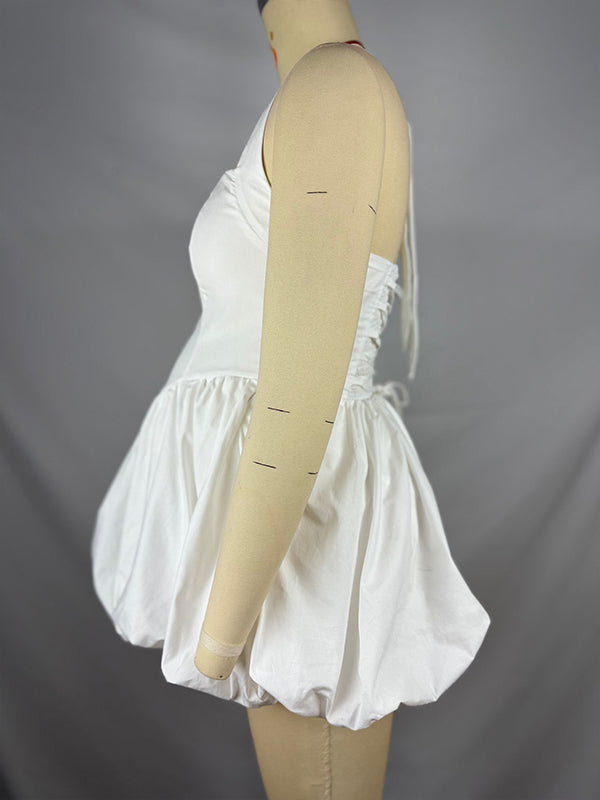 fotobeyou White Corset Puffball Lace-up Back Backless Square Halter Neck A-line Elegant Maternity Baby Shower Mini Dress