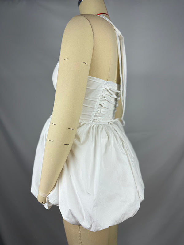 fotobeyou White Corset Puffball Lace-up Back Backless Square Halter Neck A-line Elegant Maternity Baby Shower Mini Dress