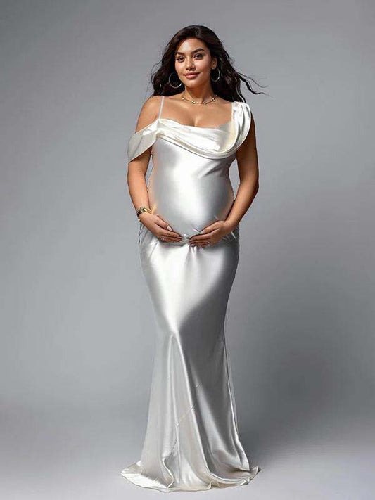 fotobeyou White One Off Shoulder Silk Satin Backless Mermaid Photoshoot Evening Gown Baby Shower Maternity Maxi Dress
