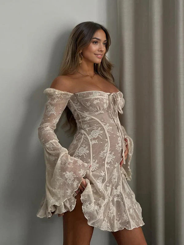 fotobeyou White Lace Off Shoulder Bow Drawstring Ruffle Flare Sleeve Elegant Baby Shower Maternity Mini Dress