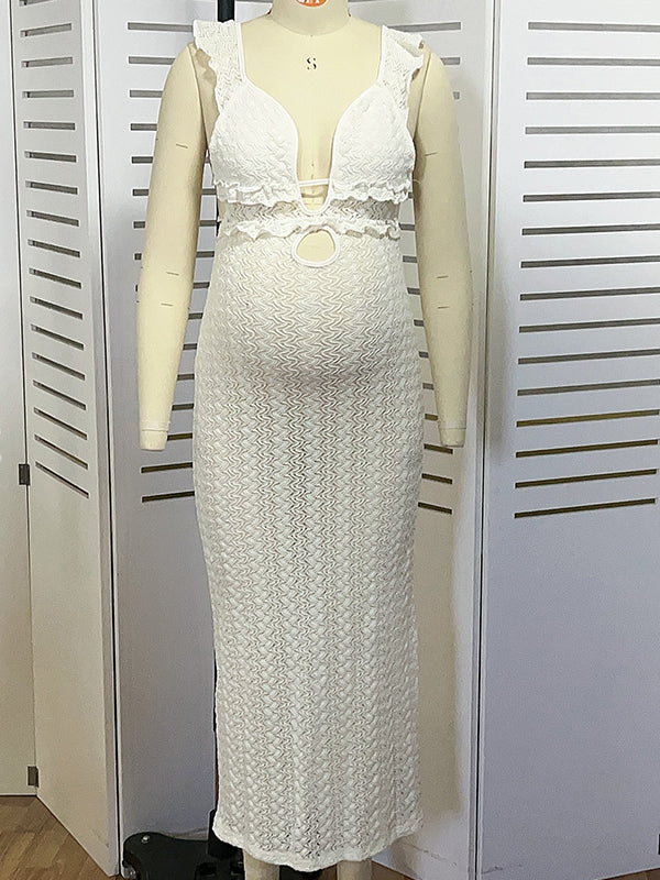 fotobeyou Apricot Cut Out Knitwear Ruffle Backless Tie Back Cocktail Party Gown V-Neck Mermaid Bodycon Elegant Babyshower Dress Photoshoot Maternity Maxi Dress
