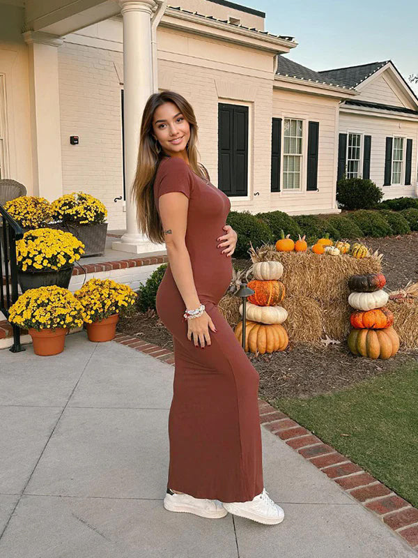 fotobeyou Brown Solid Color Short Sleeve Bodycon Daily Casual Baby Shower Maternity Maxi Dress