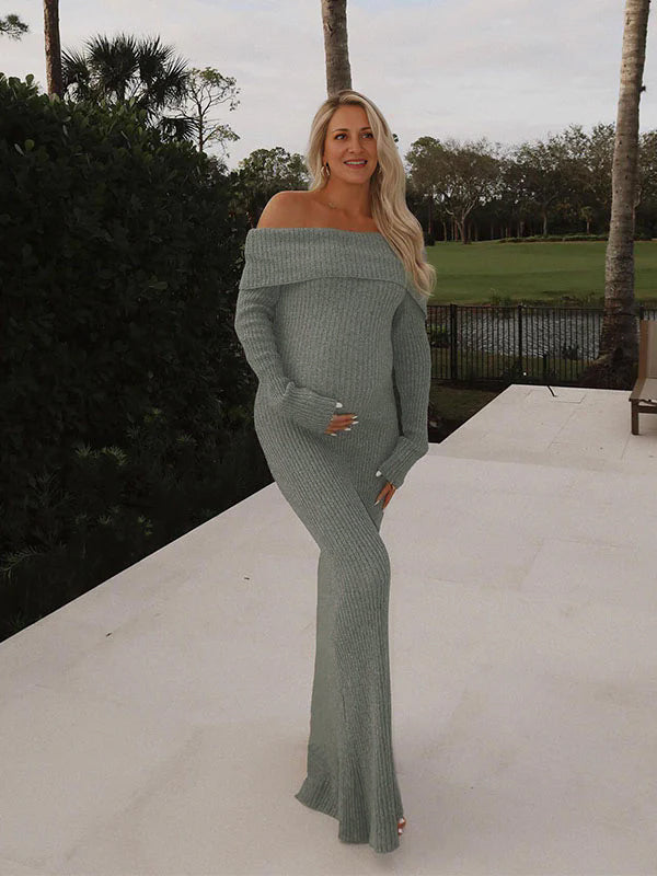 fotobeyou Off Shoulder Solid Color Mermaid Bodycon Elegant Photoshoot Maternity Maxi Sweater Dress