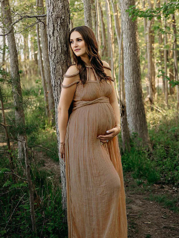 fotobeyou Solid Color Drawstring Backless Cut Out Linen Cotton Vacation Gown Photoshoot Maternity Maxi Dress