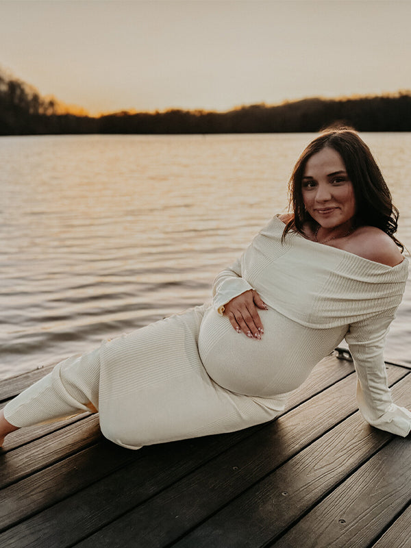 fotobeyou Yellow Knit Off Shoulder Flare Sleeve Mermaid Bodycon Elegant Vacation Photoshoot Baby Shower Maternity Maxi Dress