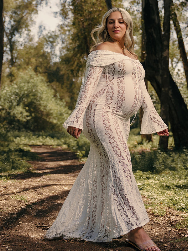 fotobeyou White Off Shoulder Lace Bandeau Tie Front Mermaid Plus Size Photoshoot Maternity Maxi Dress