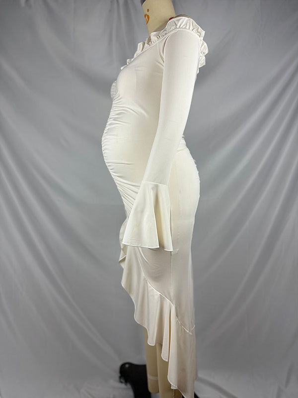 fotobeyou Beige Off Shoulder Ruffle Falbala Ruched Slit Mermaid Elegant Maternity Baby Shower Maxi Dress
