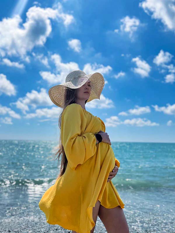 fotobeyou Yellow V neck Puff Sleeve Daily Beach Maternity Photoshoot Mini Dress