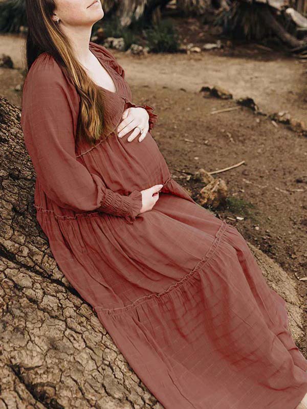 fotobeyou Layered Ruffle Falbala Big Swing Elegant Baby Moon Beach Boho Maternity Photoshoot Baby Shower Maxi Dress