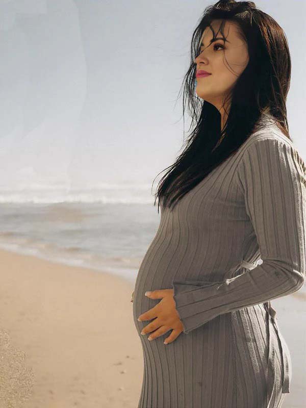 fotobeyou Pit Strip Back Belted Round Neck Flare Sleeve Bodycon Photoshoot Baby Shower Maternity Maxi Sweater Dress