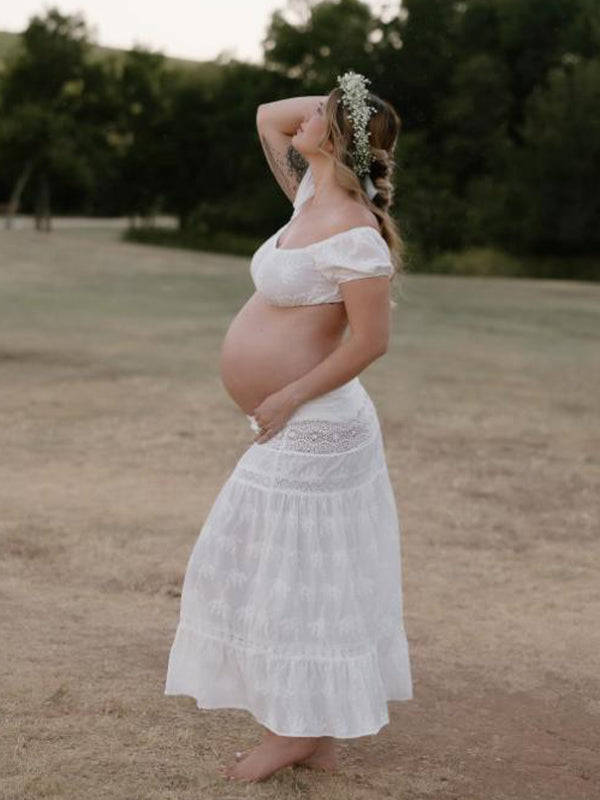 fotobeyou White 2-in-1 Lace Cut Out Off Shoulder Tie Elegant Flowy Vacation Photoshoot Maternity Maxi Dress
