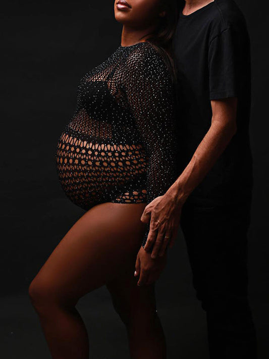 fotobeyou Black Rhinestone Fishnet Knitting Sheer Cut Out Photoshoot Short Jumpsuit Maternity Bodysuit