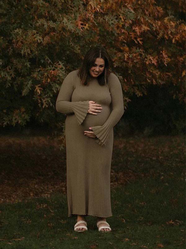 fotobeyou Pit Strip Back Belted Round Neck Flare Sleeve Bodycon Photoshoot Baby Shower Maternity Maxi Sweater Dress