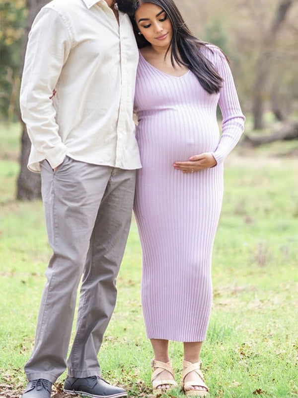 Fotobeyou Light Purple V Neck Crochet Trench Maternity Photoshoot Sweater Maxi Dress