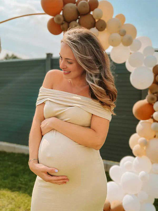 fotobeyou Beige Off Shoulder Ruched Back Slit Bodycon Elegant Baby Shower Maternity Maxi Dress