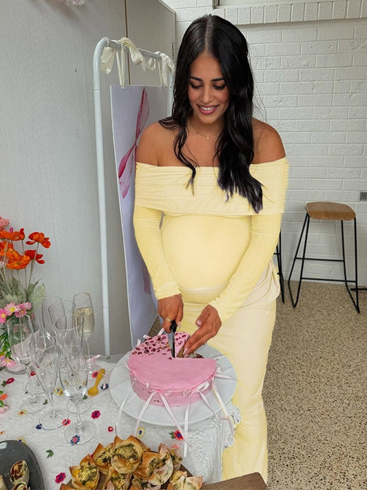 fotobeyou Off Shoulder Cut Out Grenadine Splicing Sheer Ruched Baby Shower Maternity Maxi Dress