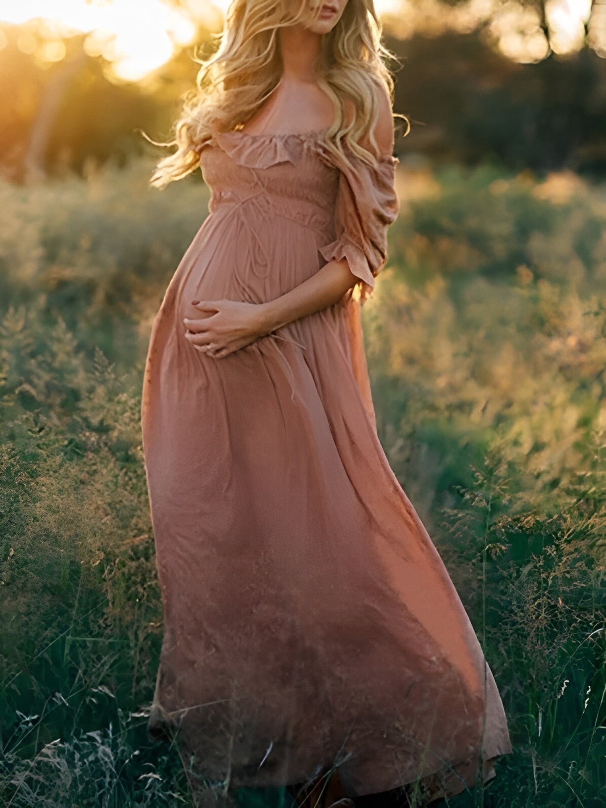 fotobeyou Pink Boho Flowy Bump Friendly Off Shoulder Photoshoots Maxi Dress