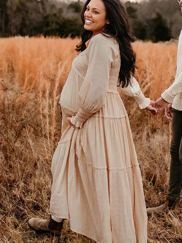 fotobeyou Layered Ruffle Falbala Big Swing Elegant Baby Moon Beach Boho Maternity Photoshoot Baby Shower Maxi Dress