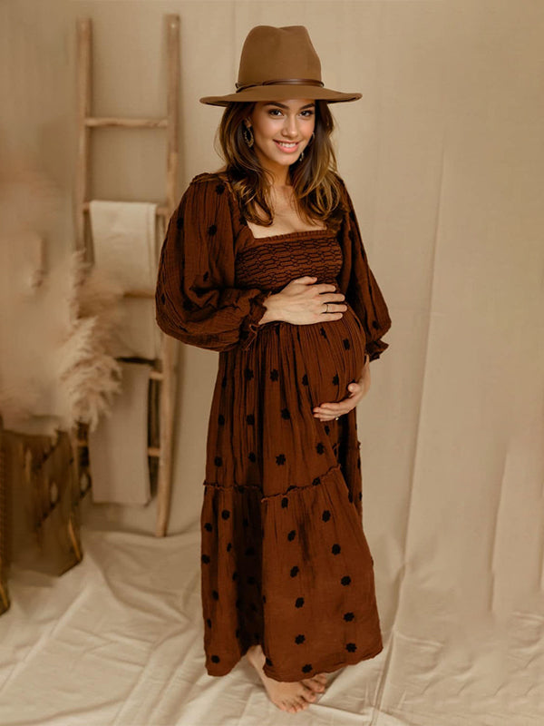 fotobeyou Sun Flowers Square Smocked Neck Puff Sleeve Big Swing Flowy Baby Shower Photoshoot Maternity Maxi Dress