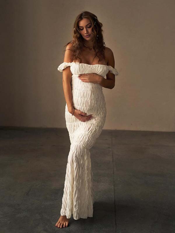 fotobeyou Off Shoulder Smocked Ruched Hollow Out Sheer Photoshoot Maternity Maxi Dress