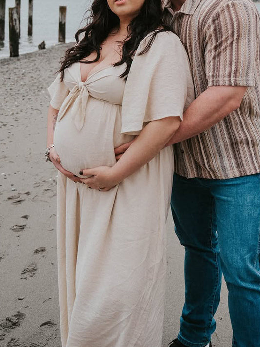 fotobeyou Beige  Bow Flutter Sleeve Plus Photoshoot Maternity Maxi Dress