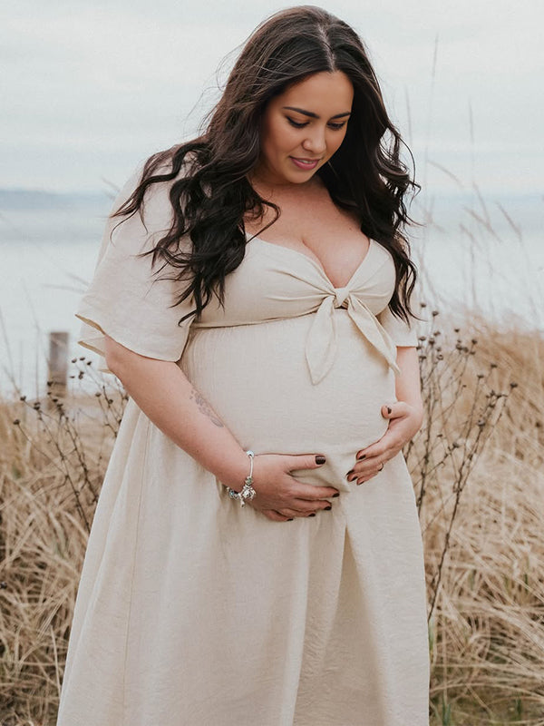 fotobeyou Beige  Bow Flutter Sleeve Plus Photoshoot Maternity Maxi Dress
