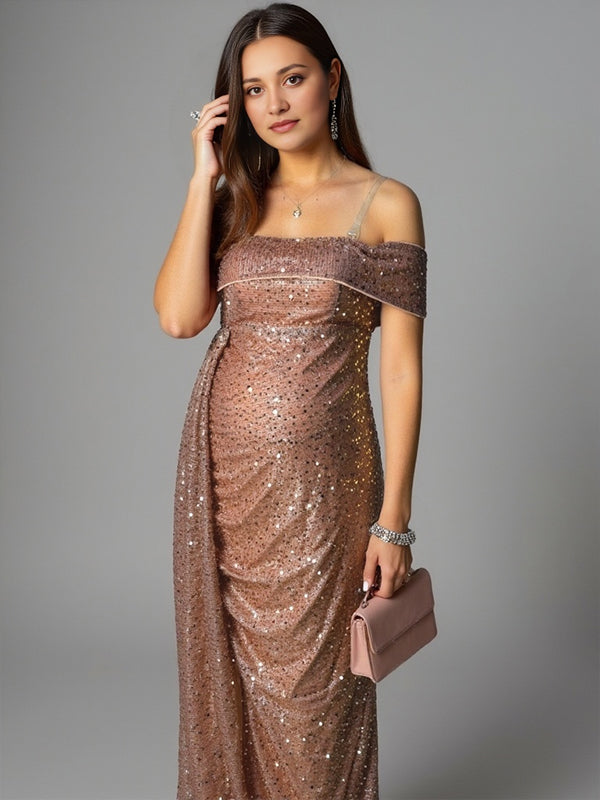 fotobeyou Sparkly Sequin Off Shoulder Side Slit Draped Evening Gown Maternity Photoshoot Elegant Baby Shower Party Maxi Dress