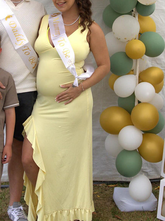 fotobeyou Yellow Ruffle Side Slit Flowy V-neck Bodycon Cute Baby Shower Maternity Maxi Dress