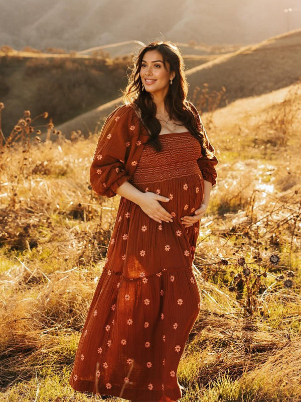 fotobeyou Sun Flowers Square Smocked Neck Puff Sleeve Big Swing Flowy Baby Shower Photoshoot Maternity Maxi Dress