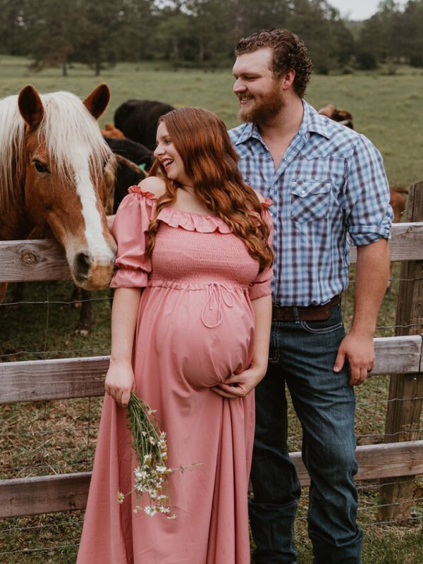 fotobeyou Pink Boho Flowy Bump Friendly Off Shoulder Photoshoots Maxi Dress