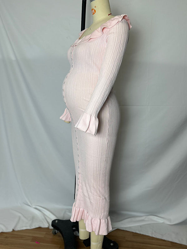 fotobeyou Pink Knit Falbala Ruffle Hem Single Breasted Flare Sleeve Bodycon Elegant Hoing Out Maternity Babyshower Maxi Sweater Dress