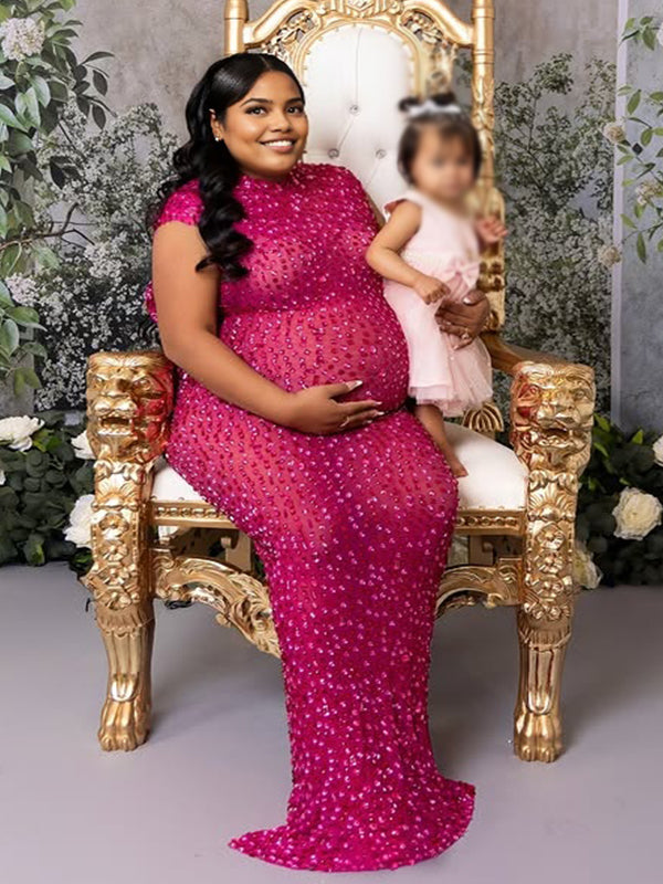 fotobeyou Diamond Starry Mandarin Sleeveless Plus Size Maternity Maxi Dress