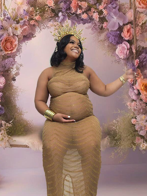 fotobeyou Gold Rhinestone Mesh Sleeveless Backless Photoshoot Bodycon Evening Plus Size Maternity Maxi Dress