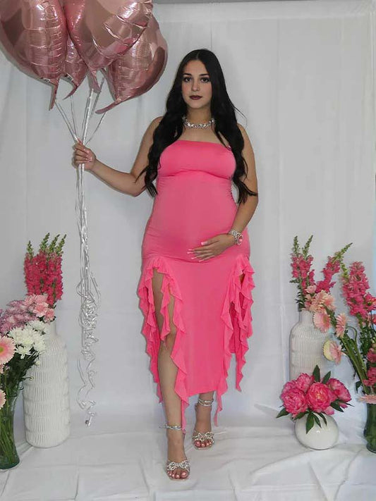 fotobeyou Rose Carmine Ruffle Slit Bodycon Fashion Party Photoshoot Babyshower Maternity Midi Dress