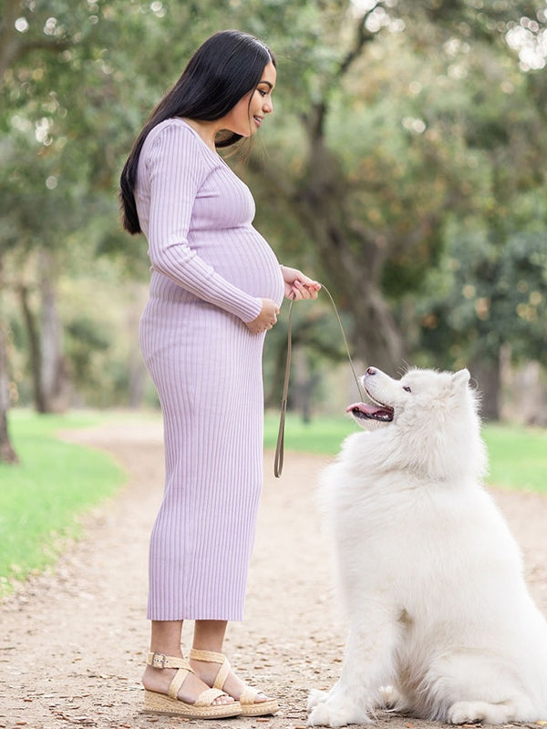 Fotobeyou Light Purple V Neck Crochet Trench Maternity Photoshoot Sweater Maxi Dress