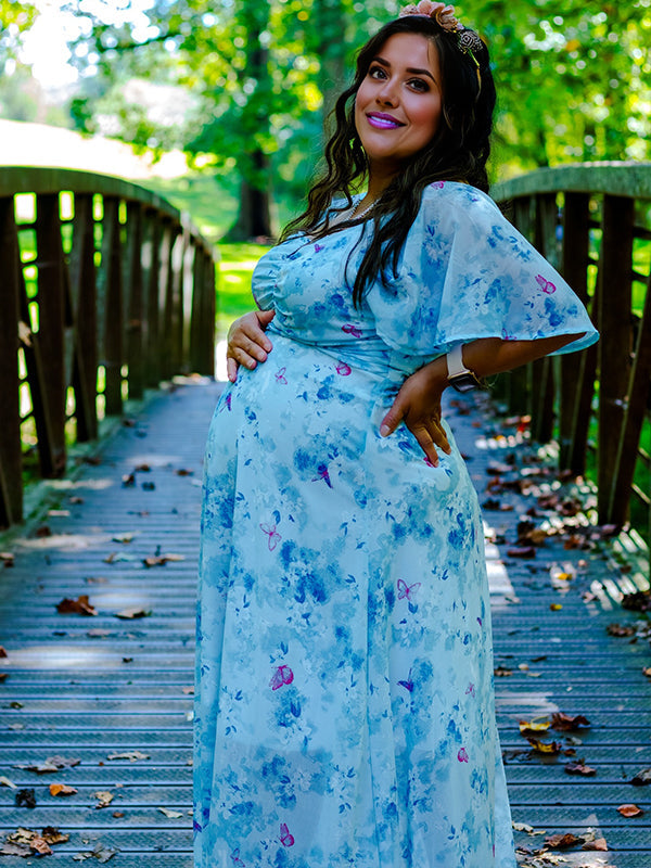 Fotobeyou Ruched Flutter Sleeve Print Maternity Photoshoot Maxi Dress