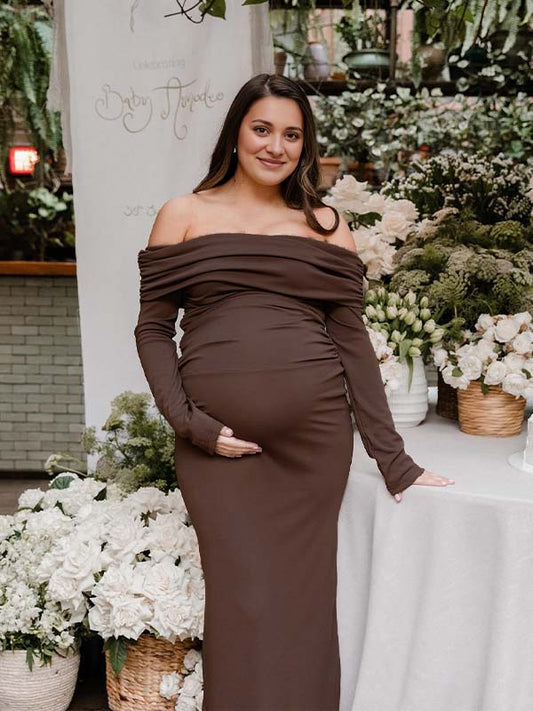 fotobeyou Off Shoulder Ruched Flare Sleeve Mermaid Bodycon Fashion Photoshoot Baby Shower Maternity Maxi Dress
