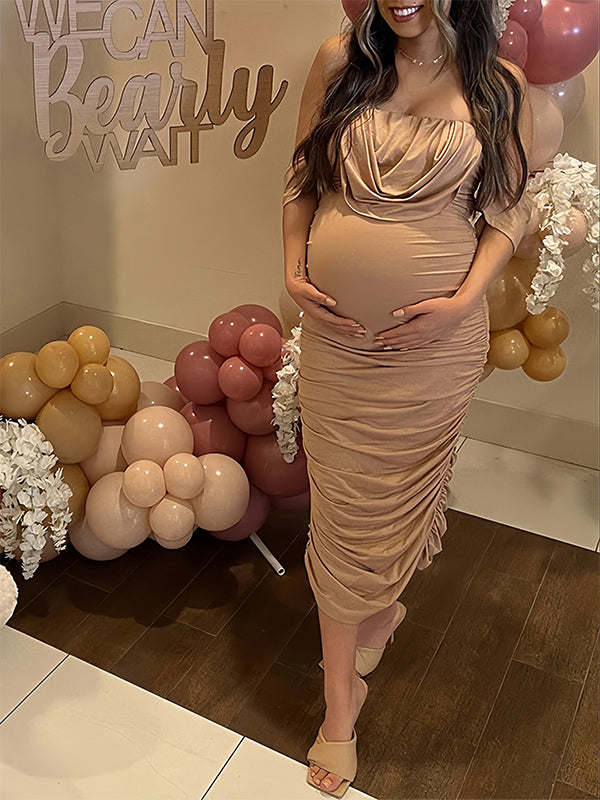 fotobeyou Khaki Ruched Off Shoulder Belly Friendly Baby Shower Club Party Tube Bodycon Maternity Midi Dress