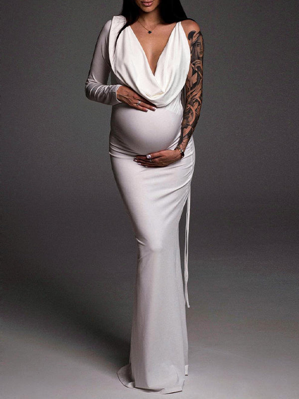 fotobeyou One Sleeve Backless Tie V-neck Bodycon Elegant Evening Photoshoot Gown Baby Shower Maternity Maxi Dress
