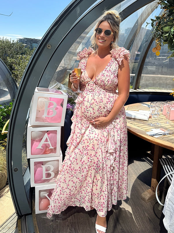 fotobeyou Ruffle Tutu Cut Out Back Tie Deep V-neck Flowy Baby Shower Maternity Maxi Dress