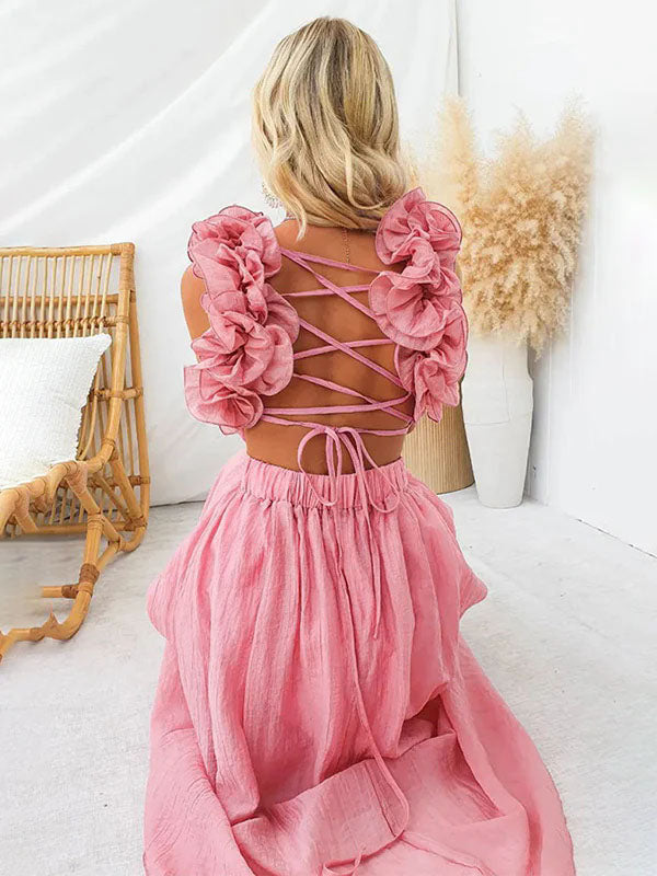 fotobeyou Pink Tulle Splicing Ruffle Pleated Tie Back V-Neck High Waist Cocktail Party Gowns Cute Baby Shower Maternity Maxi Dress