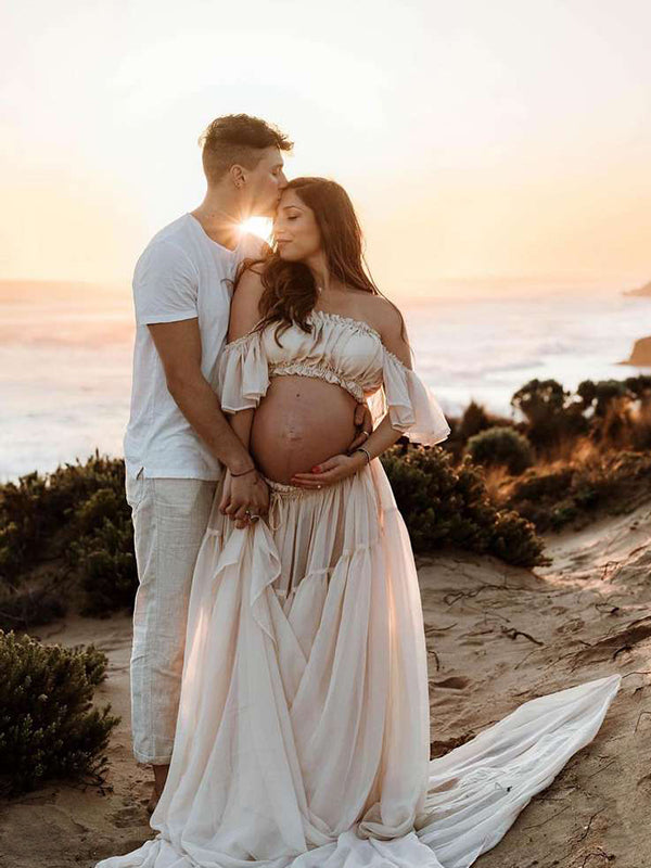 fotobeyou Solid Color Bohemian Off Shoulder Backless Ruffle 2 piece set Photoshoot Maternity Maxi Dress