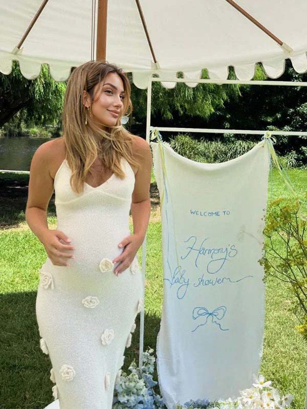 White Spaghetti Strap Backless 3D Flowers Maternity Maxi Dress