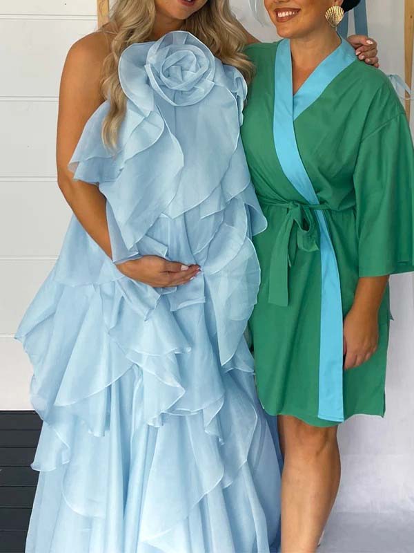 Blue Cake Ruffle 3D Flower Backless Baby Shower Maternity Maxi Dress