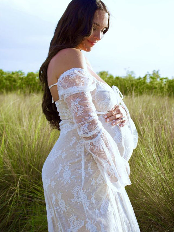 fotobeyou White Lace Corset Square Neck Flare Sleeve Off Shoulder Bodycon Elegant Cocktail Party Maternity Baby Shower Photoshoot Maxi Dress