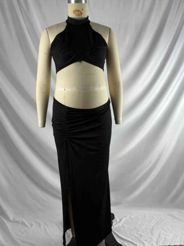 fotobeyou Side Slit Halter Neck Two Piece Maternity Photoshoot Maxi Dress